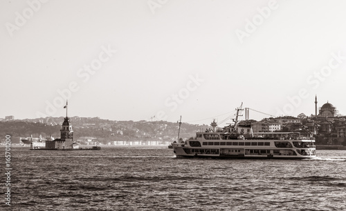 Sea voyage to Bosporus channel on the ferry boat of Istanbul. Turkish steamboat voyage.
