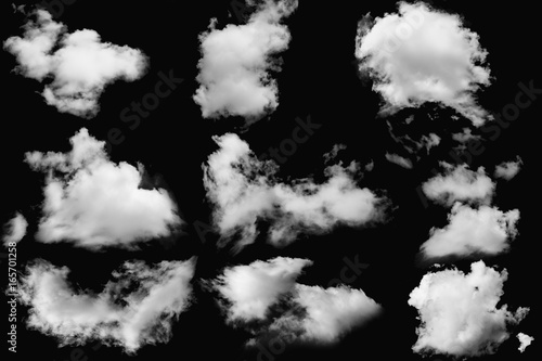Set of clouds white fluffy on isolated elements black background.