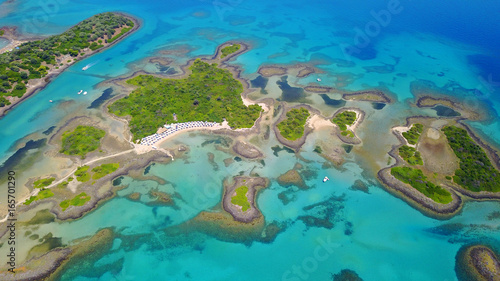 Aerial drone photo of exotic beaches with sapphire and turquoise clear waters  called the  Seychelles  of Greece  Lihadonisia island complex  North Evoia gulf  Greece