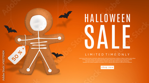 Halloween sale web banner with cookies. Realistic skeleton gingerbread man cookies with discount tag. Vector illustration with paper bats.