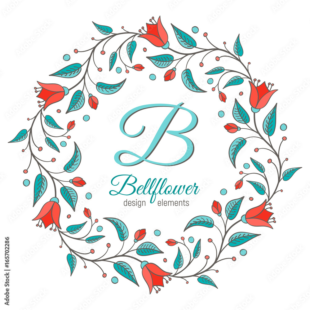 Bellflower design element. Floral wreath frame. Monogram letter B inside. Perfect for wedding invitation design. Harebell bluebell vector illustration.