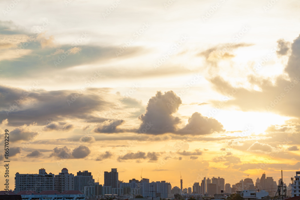 Fototapeta premium Aerial view of dramatic sunset or sunrise.