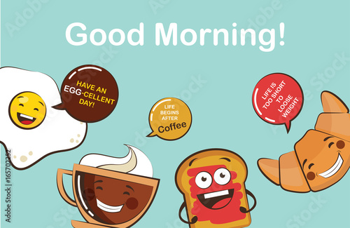 set of funny breakfast food icons. Cartoon face food emoji. Funny food concept.