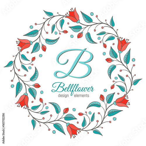 Bellflower design element. Floral wreath frame. Monogram letter B inside. Perfect for wedding invitation design. Harebell bluebell vector illustration.