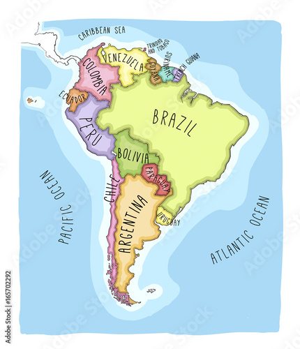Hand drawn vector map of South America.