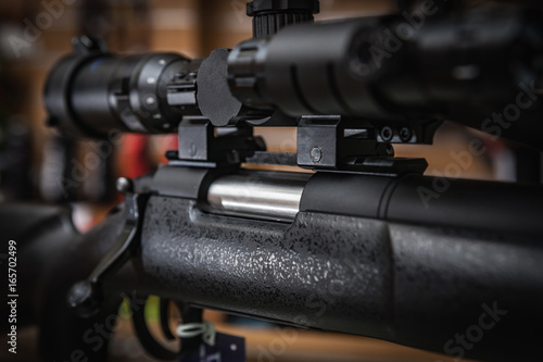 Closeup of a sniper rifle telescope.