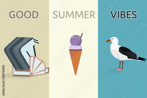 Summertime. North Sea at the beach with girl holding a towel, roofed wicker beach chair and sea gull.