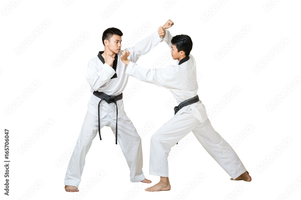 Portrait of two asian taekwondo professional with black belt fighting. Isolated full length on white background with copy space and clipping path Portrait of two asian taekwondo professional with black belt fighting. Isolated full length on white background with copy space and clipping path