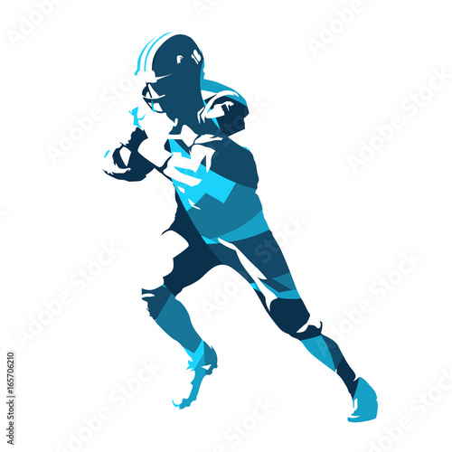 Football player running with ball, abstract blue vector silhouette