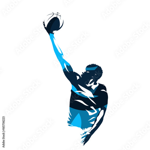 Basketball player making lay up shot, abstract blue vector silhouette