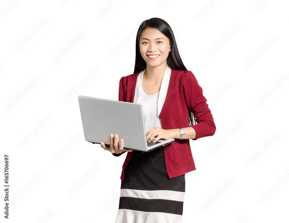 portrait of a beautiful asian businesswoman smiling and holding laptop in the hands. Isolated on white background with copy space and clipping path portrait of a beautiful asian businesswoman smiling and holding laptop in the hands. Isolated on white background with copy space and clipping path