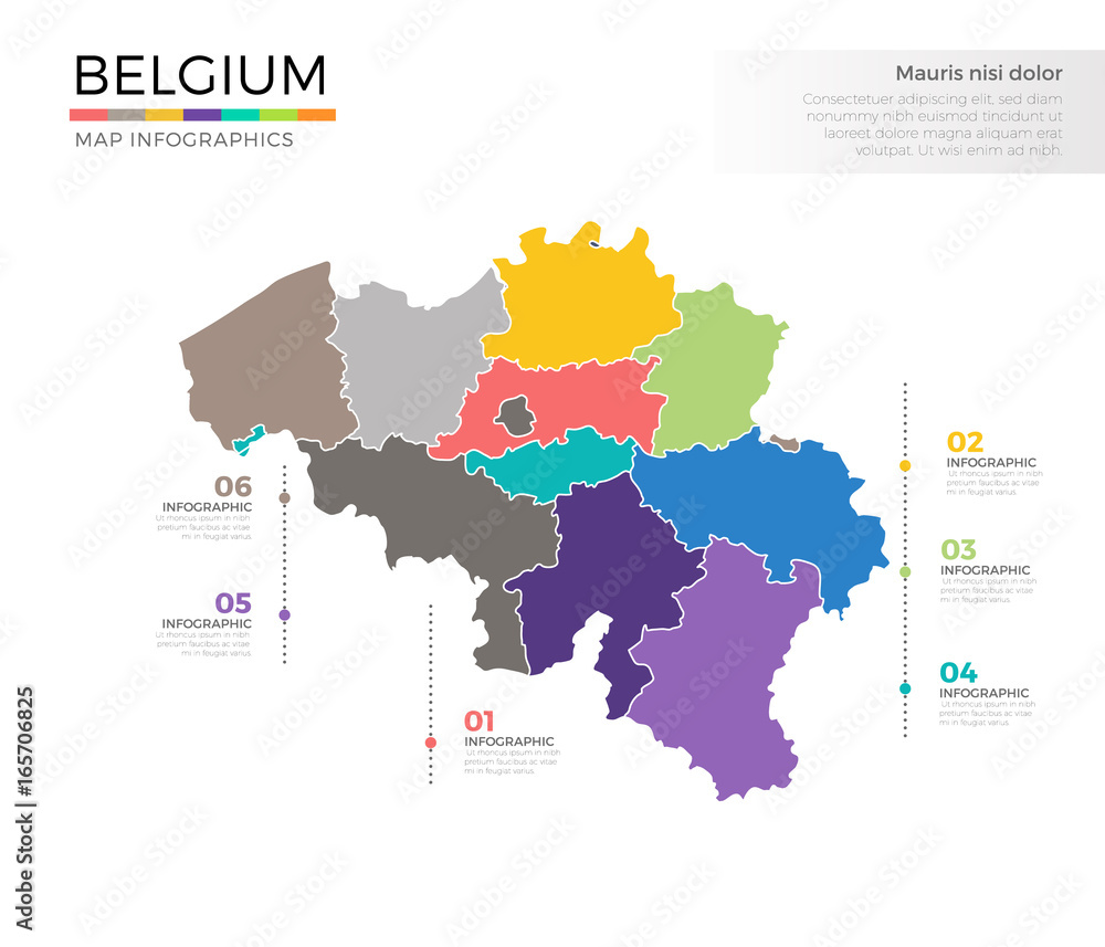 Belgium country map infographic colored vector template with regions and pointer marks