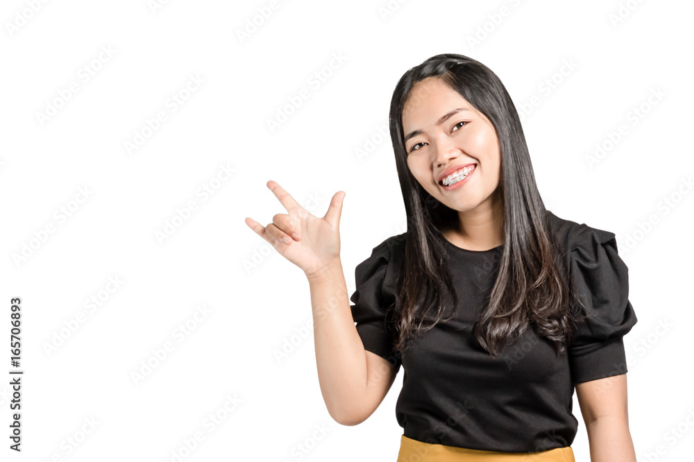 portrait of a beautiful asian businesswoman smiling and showing I love you sign hands. Isolated on white background with copy space and clipping path portrait of a beautiful asian businesswoman smiling and showing I love you sign hands. Isolated on white background with copy space and clipping path