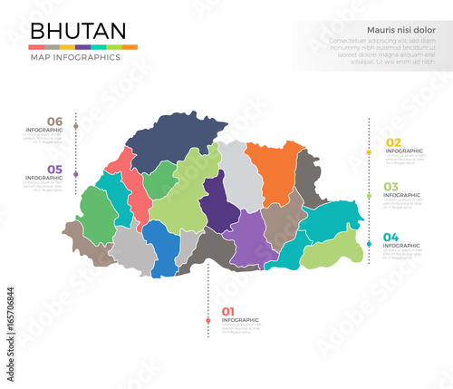 Bhutan country map infographic colored vector template with regions and pointer marks