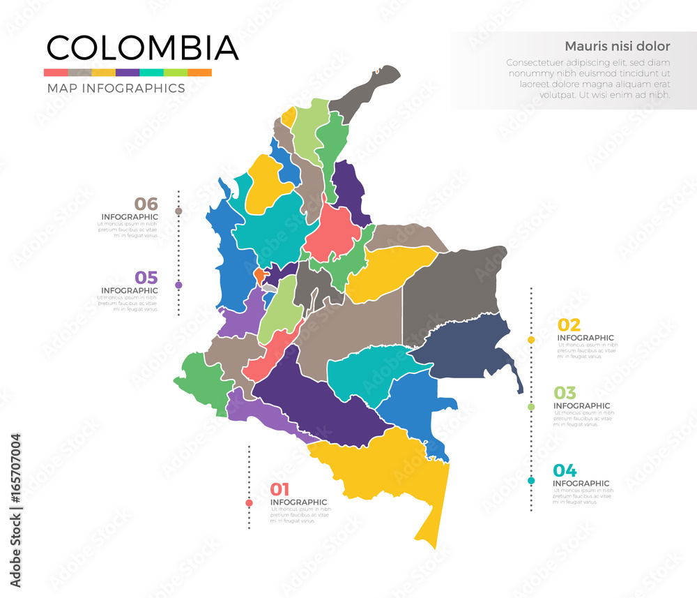 Fotografie, Obraz Colombia country map infographic colored vector template with regions and pointe