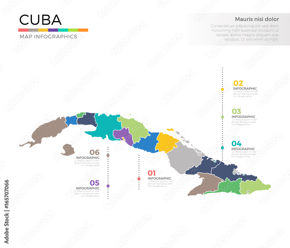 Obraz na plátně Cuba country map infographic colored vector template with regions and pointer ma