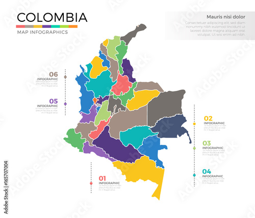 Photo Colombia country map infographic colored vector template with regions and pointe