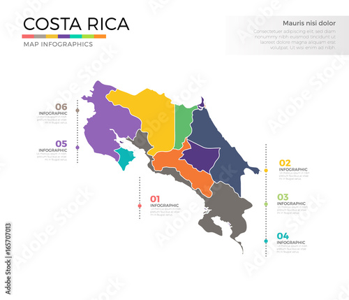 Costa rica country map infographic colored vector template with regions and pointer marks