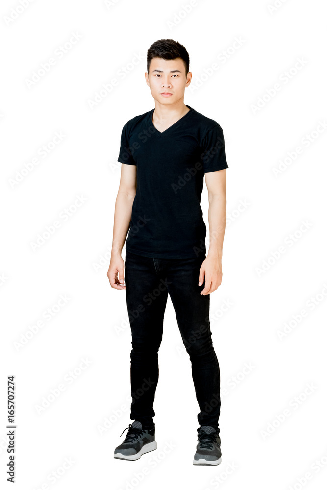 Portrait of a man standing in black t-shirt and black jeans. Isolated full length on white background with copy space and clipping path Portrait of a man standing in black t-shirt and black jeans. Isolated full length on white background with copy space and clipping path