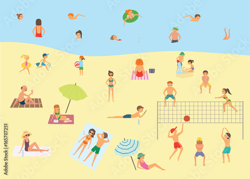 Fototapeta Naklejka Na Ścianę i Meble -  People relaxing on the summer beach. Vector illustration
