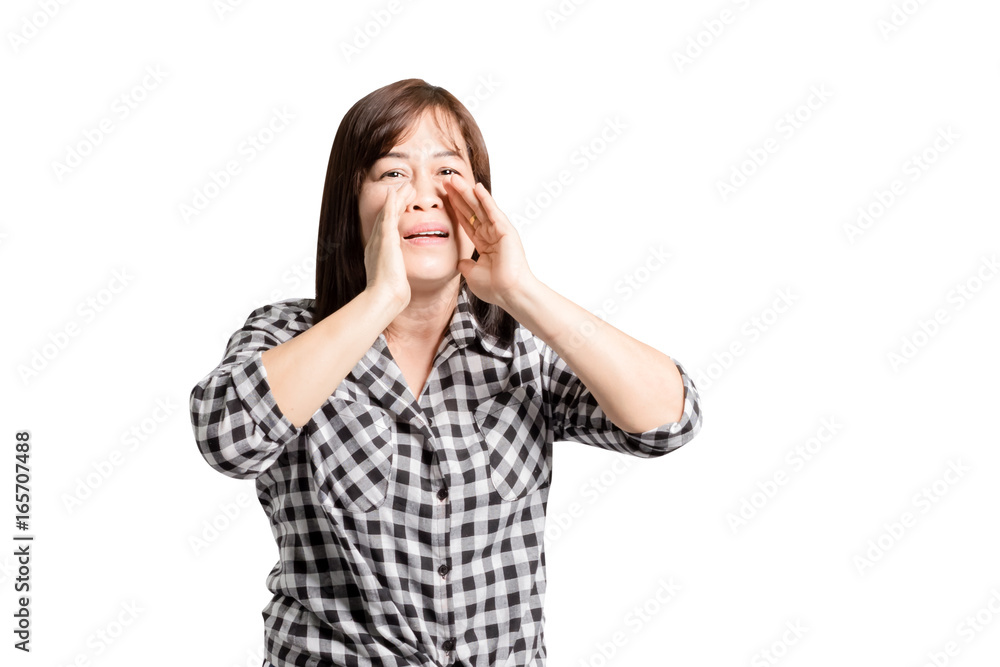 portrait of a mature woman smiling and shout. Isolated on white background with copy space and clipping path portrait of a mature woman smiling and shout. Isolated on white background with copy space and clipping path