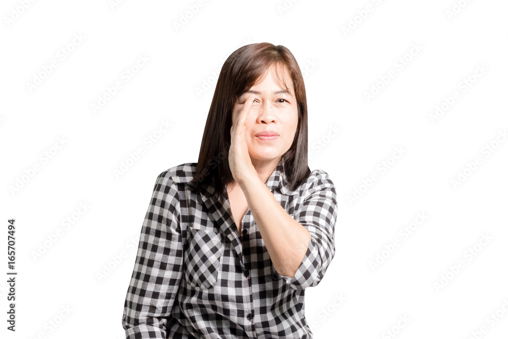 portrait of a mature woman whispering. Isolated on white background with copy space and clipping path portrait of a mature woman whispering. Isolated on white background with copy space and clipping path