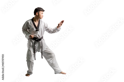 Portrait of an asian professional taekwondo black belt degree (Dan) preparing for punch. Isolated full length on white background with copy space and clipping path