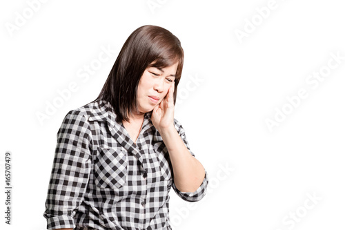 portrait of a mature woman with a toothache. Isolated on white background with clipping path