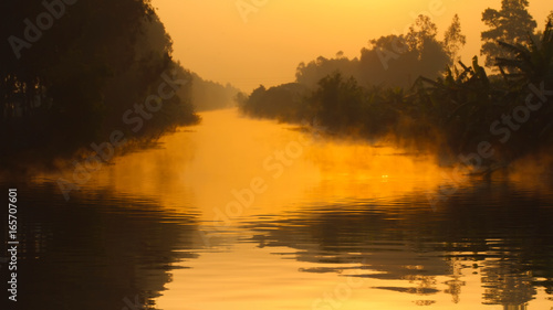 dawn on the river with dew