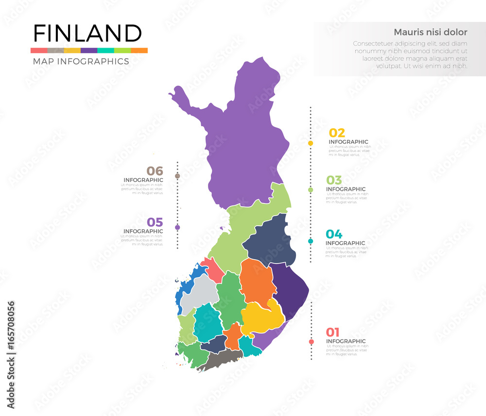Finland country map infographic colored vector template with regions and pointer marks