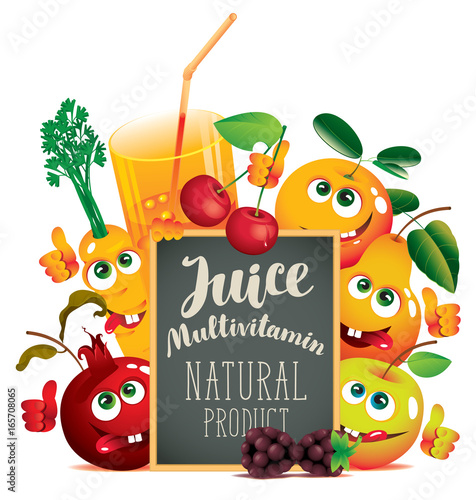 Vector banner for fresh juice with different funny fruits and blackboard with inscription Multivitamin juice