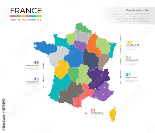 France country map infographic colored vector template with regions and pointer marks