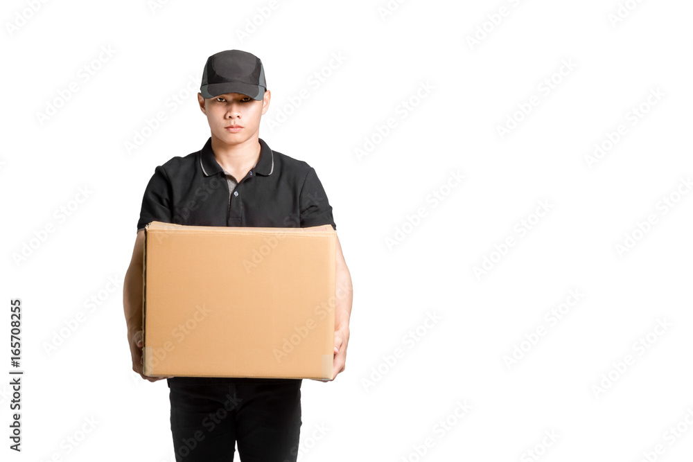 Portrait of an asian delivery man. Isolated on white background with copy space and clipping path Portrait of an asian delivery man. Isolated on white background with copy space and clipping path
