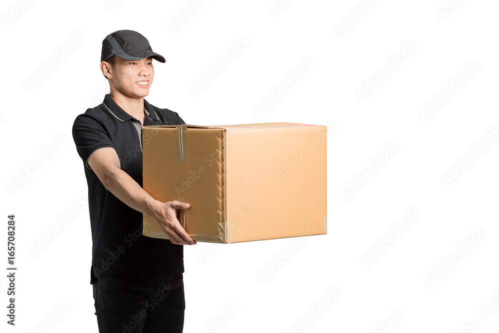 Portrait of an asian delivery man. Isolated on white background with copy space and clipping path Portrait of an asian delivery man. Isolated on white background with copy space and clipping path