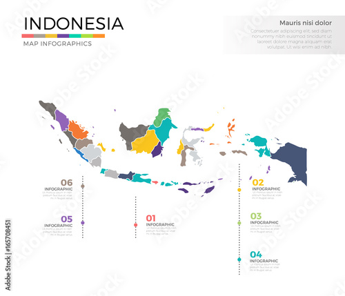 Indonesia country map infographic colored vector template with regions and pointer marks