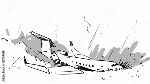 Airplane crashed accident. Vector sketch illustration line art