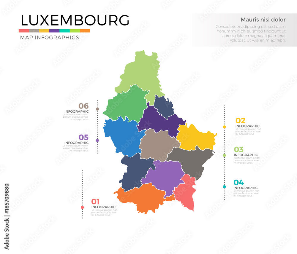 Luxembourg country map infographic colored vector template with regions and pointer marks