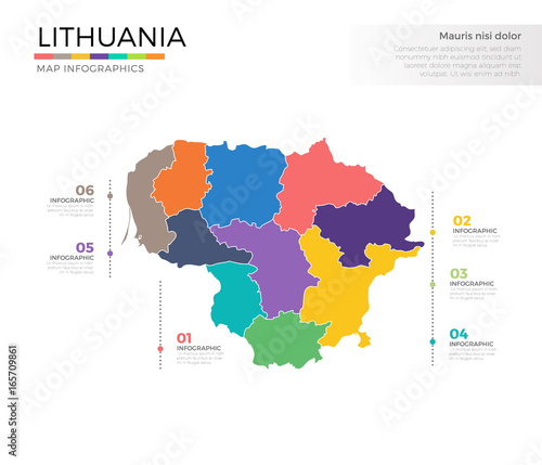 Lithuania country map infographic colored vector template with regions and pointer marks