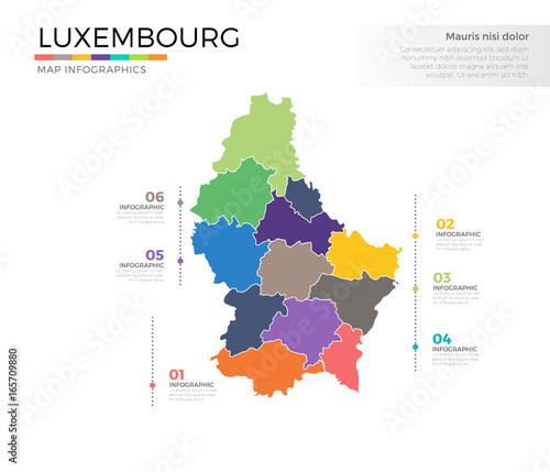 Luxembourg country map infographic colored vector template with regions and pointer marks
