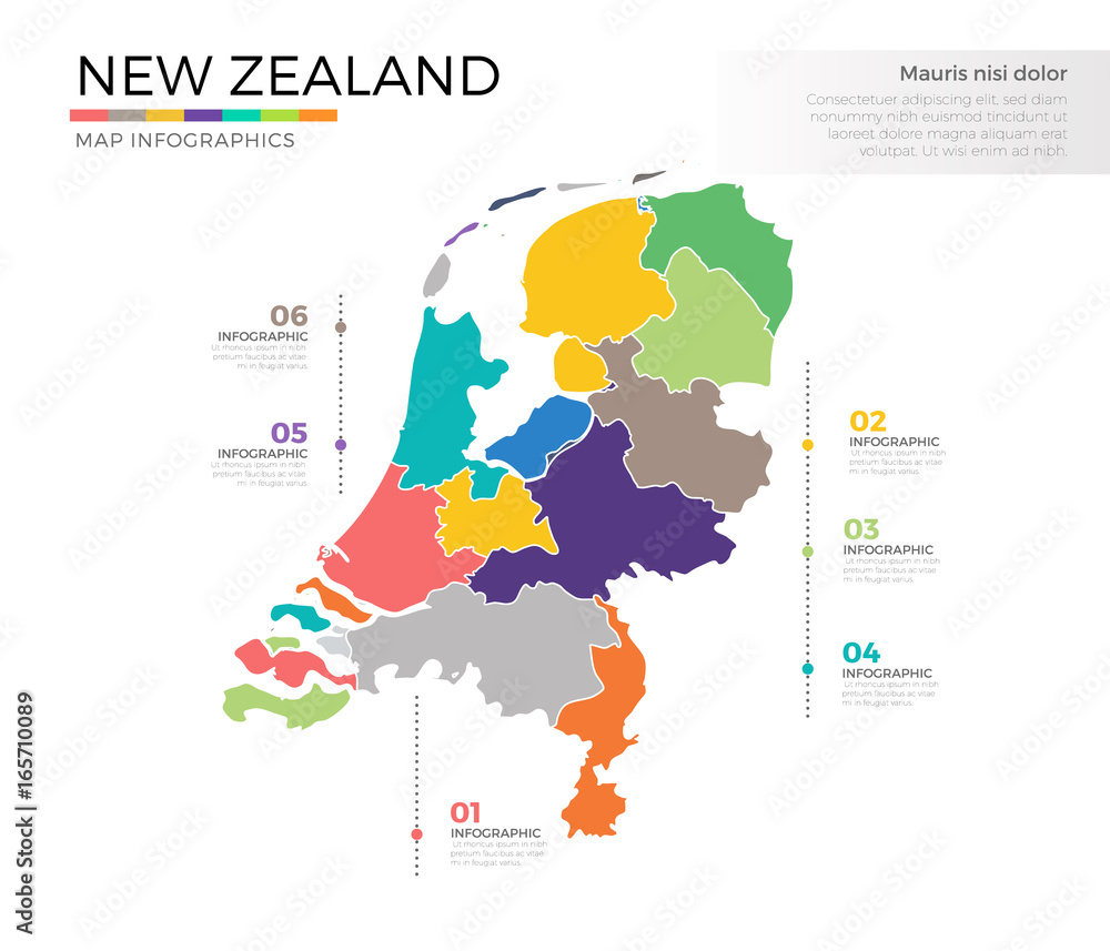 Naklejka premium New zealand country map infographic colored vector template with regions and pointer marks