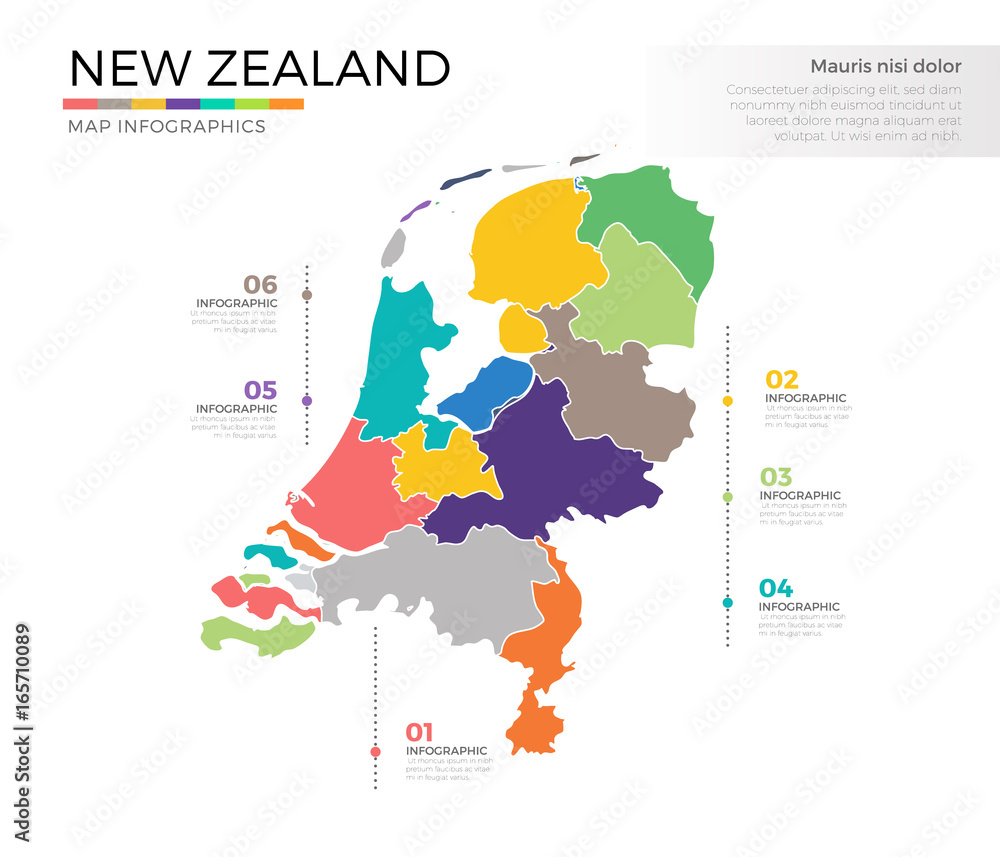 New zealand country map infographic colored vector template with regions and pointer marks
