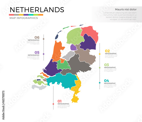 Netherlands country map infographic colored vector template with regions and pointer marks