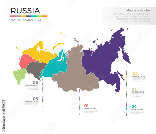 Russia country map infographic colored vector template with regions and pointer marks