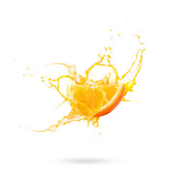 Fresh slide half of ripe orange fruit with orange juice splash water isolated on white background