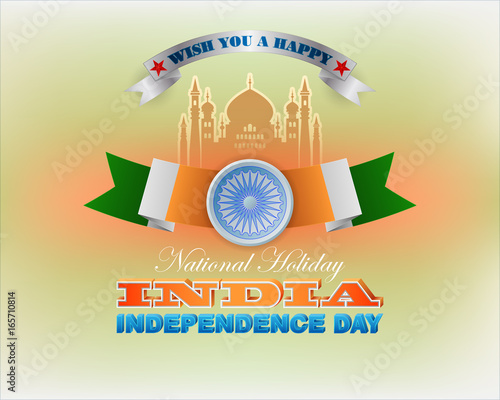 Holiday design, background with 3d texts, national flag colors and spinning wheel, for fifteenth of August, India Independence day, celebration