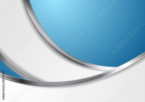 Blue abstract background with metallic silver waves