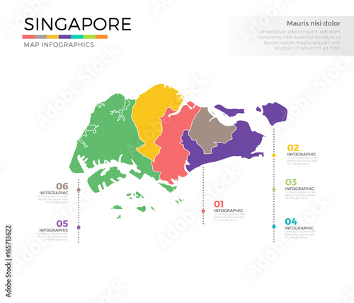 Singapore country map infographic colored vector template with regions and pointer marks