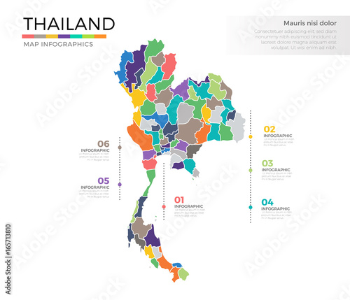 Thailand country map infographic colored vector template with regions and pointer marks