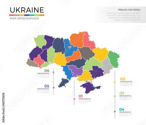 Ukraine country map infographic colored vector template with regions and pointer marks
