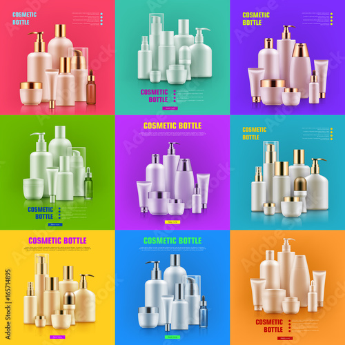 Cosmetic bottles mockup. Perfume empty bottles, skincare, haircare makeup needs for men and women Fashion and beauty glam concept. Realistic vector illustration on vivid background